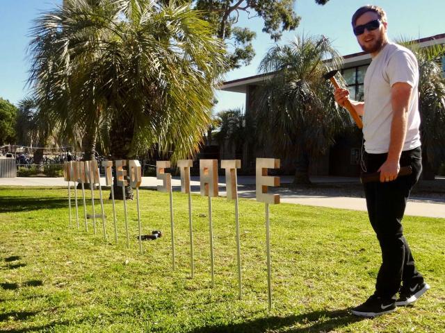 In a cross-listed course between CCS Art and the Art department, students are given the opportunity to install temporary sculptural/spatial artwork on campus.