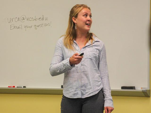 Sydney Hunt presenting at the Undergraduate Research Slam finals. Photo: Will Proctor