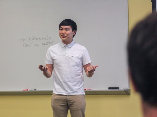 Mitchell Hee presenting at the Undergraduate Research Slam finals. Photo: Will Proctor