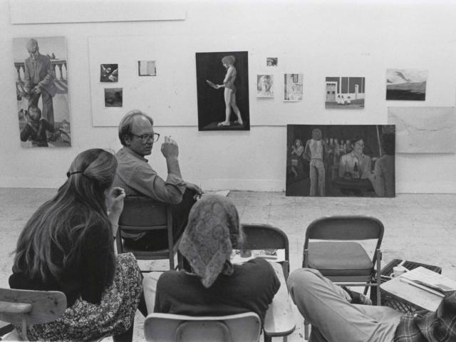 Hank Pitcher, near the top of the frame, with CCS art students, date unknown. Pitcher, a renowned local artist, was one of the first students accepted at UCSB’s new College of Creative Studies, where he worked with Bay Area Figurative Artist Paul Wonner and Los Angeles iconoclast Charles Garabedian. He is currently Senior Lecturer SOE at CSS, where he has been part of the core faculty since 1971.