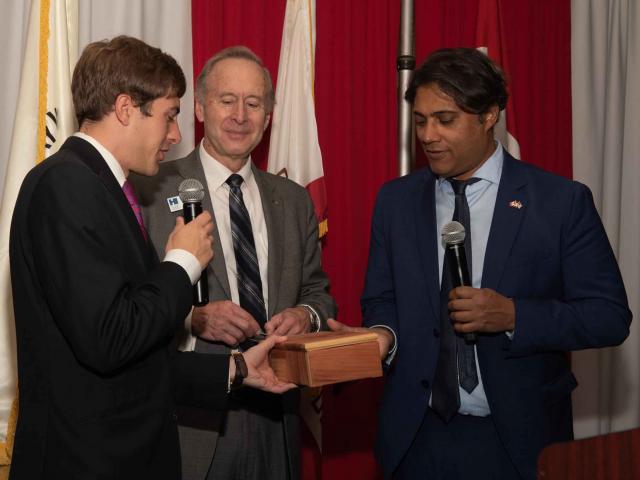 Nick Harvey (left) presented a souvenir wood box made by his company Bay Area Redwood to Canadian Consul General to Northern California and Silicon Valley Rana Sarkar